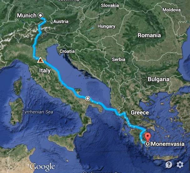 die Fahrt über Fernpass und Brenner nach Italien entlang der Adria und mit dem Schiff nach Patra